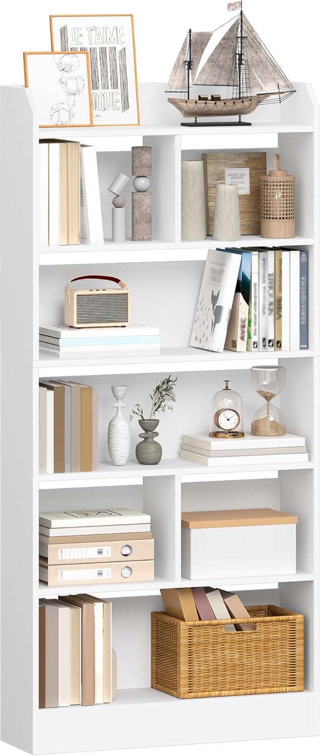 Hzuaneri 6 Tier Bookcase and Bookshelf, Freestanding Display Organizer with 8 Divided Sections, for Home Office, Living Room and Bedroom, 24 x 80 x 170cm, White, BC11803X