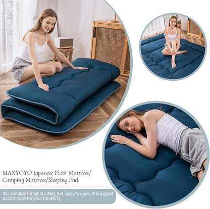 MAXYOYO Japanse futonmatras voor op de vloer, verdikt tatami-slaapkussen, opvouwbare oprolbare slaapzaal mat, mat, vloerligstoel, kussen bed (blauwe hardsteen, tweepersoons)