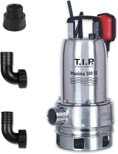 T.I.P. Maxima 300 IX 30116 Vuilwaterpomp, roestvrij staal, debiet tot 18.000 l/u, opvoerhoogte max. 8 m/druk max. 0,8 bar, 700 W, pompbehuizing van kunststof, wiel van Noryl