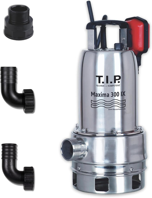 T.I.P. Maxima 300 IX 30116 Vuilwaterpomp, roestvrij staal, debiet tot 18.000 l/u, opvoerhoogte max. 8 m/druk max. 0,8 bar, 700 W, pompbehuizing van kunststof, wiel van Noryl