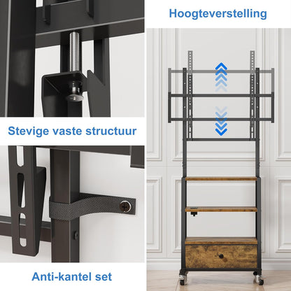 Verrijdbare TV Standaard met Beugel en Stopcontact – In Hoogte Verstelbaar TV Meubel met Lade, Geschikt voor 32–75 Inch TV's, Rustiek Houtlook