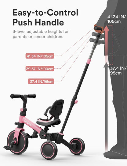 besrey Kinderfiets met oudergestuurde duwstang voor meisjes en jongens van 1-3 jaar, opvouwbare kinderdriewieler, driewieler met afneembare pedalen, in hoogte verstelbare zitting