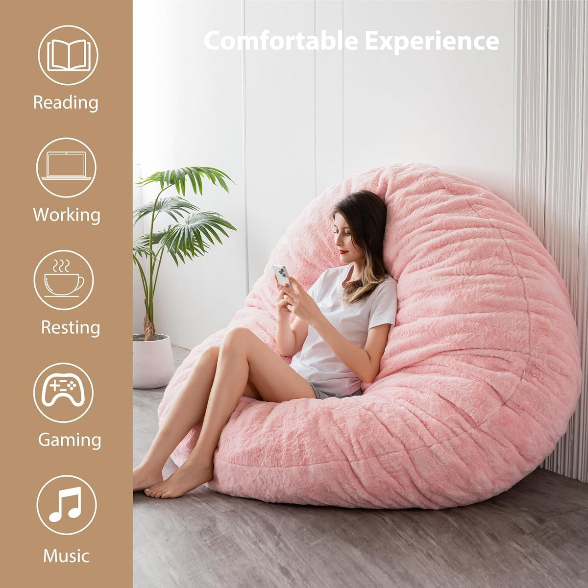 MAXYOYO Bean Bag Bed in Pink Square Chair Sofa with Fluffy Plush Cover and Filling, Ideal for Adults, Couples and Guests, Large Size 150 x 150 cm