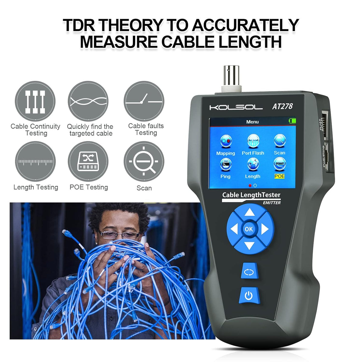 Netwerkkabeltester – Kabeltester – Kabeltracker – Kabelzoeker – Netwerkkabellocator – Voor RJ45, RJ11 en BNC – TDR Kabellengtemeting en PoE Detectie