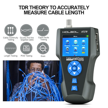 Netwerkkabeltester – Kabeltester – Kabeltracker – Kabelzoeker – Netwerkkabellocator – Voor RJ45, RJ11 en BNC – TDR Kabellengtemeting en PoE Detectie