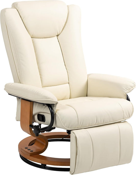 HOMCOM Recliner Chair with Tilting Function, Swivel TV Chair with Adjustable Backrest, Tiltable up to 150 kg, Faux Leather, Cream White - QUORE