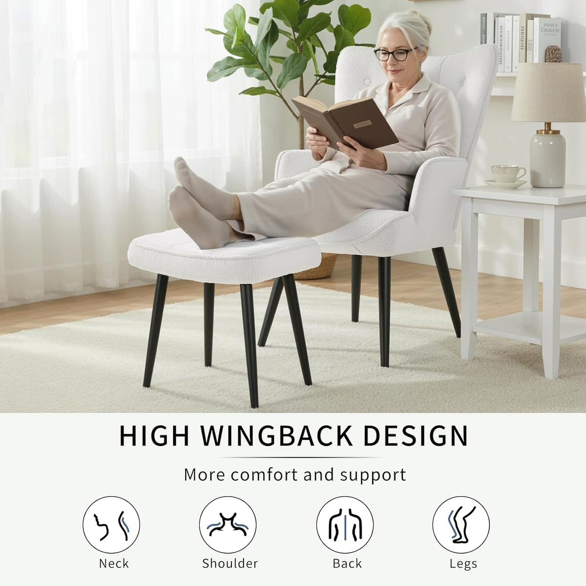 Fauteuil – Relaxstoel – Loungefauteuil – Leunstoel – Wit Teddy Stof – Ergonomisch Vleugelontwerp – Belastbaar Tot 168 kg