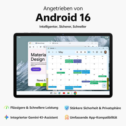 Tablet 11 inch met hoesje, Android 16-systeem met Gemini AI, 20 GB RAM + 128 GB ROM (uitbreidbaar tot 1 TB), 90 Hz-scherm, Unisoc T7250 Octa Core, 13 MP + 8 MP camera, Face ID, Widevine L1, 8800 mAh