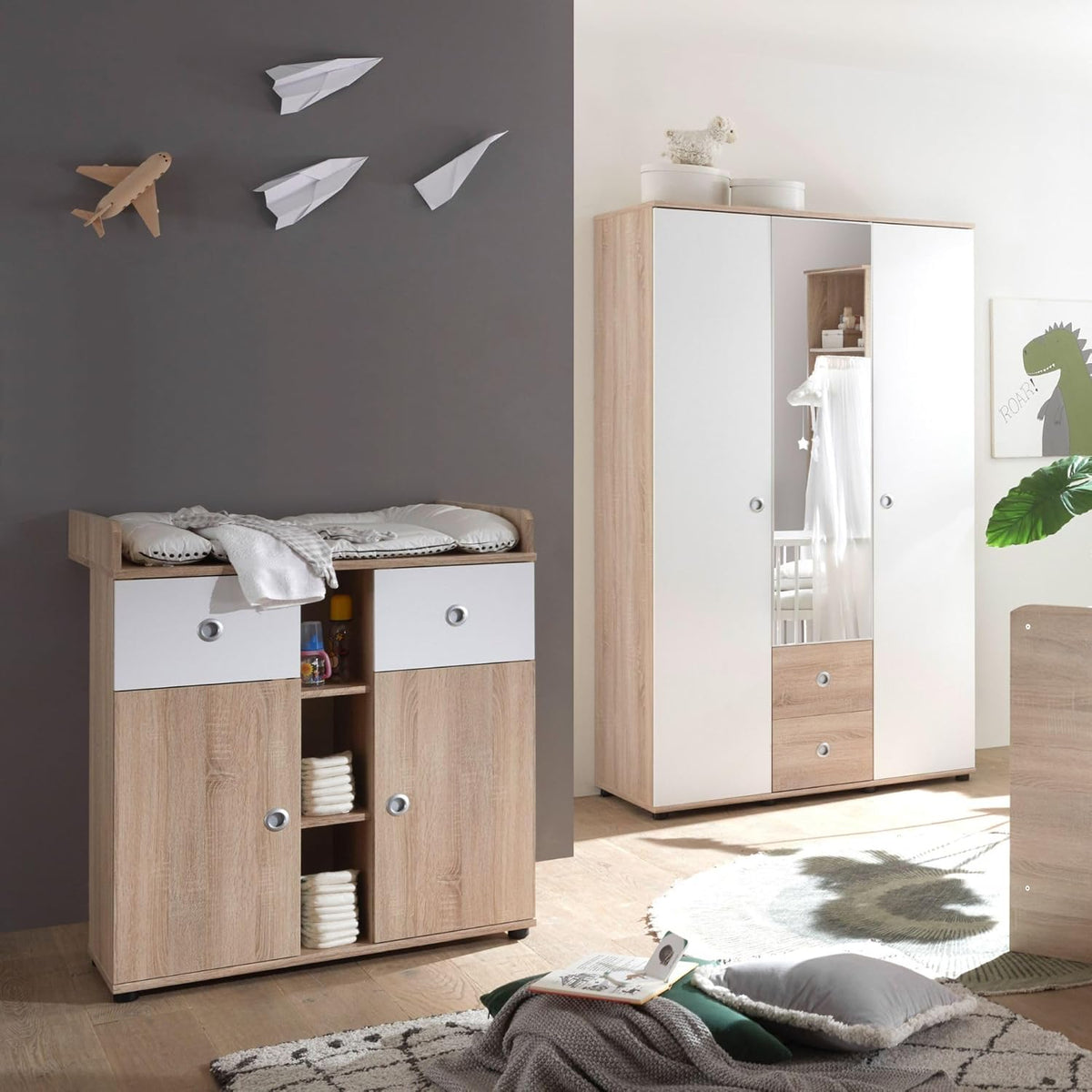 Stella Trading Wiki Baby Room Complete Set in Oak Sonoma Look / White - 3-Piece Set of 3 Wardrobe, Baby Bed and Changing Table - QUORE