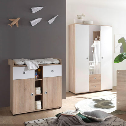 Stella Trading Wiki Baby Room Complete Set in Oak Sonoma Look / White - 3-Piece Set of 3 Wardrobe, Baby Bed and Changing Table - QUORE