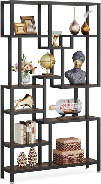 Tribesigns Industry 7 Tier Bookcase, 180 cm Tall Floor, Wooden Bookcase, Open Exhibition Rack with Metal Frame for Living Room, Home Office, Rustic Brown