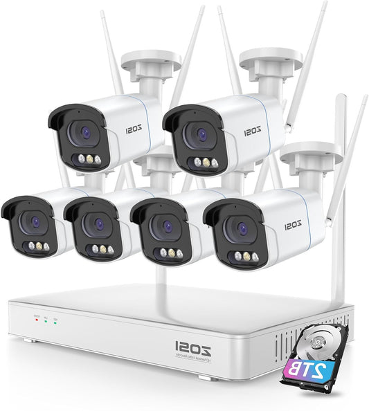 WiFi Beveiligingscamera Set – Draadloze Bewakingscamera – Outdoor Camera – Surveillance Systeem – Beveiligingssysteem – 6 Camera’s 4MP – Kleurennachtzicht Met Floodlight Alarm