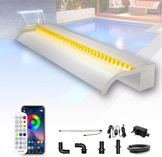 LONGRUN 90 cm vijver waterval Blade Kit, 304 roestvrij staal gebogen waterval functie morsen, outdoor zwembad fontein met 7 kleuren Bluetooth LED-verlichting en afstandsbediening, breedte 25,5 cm