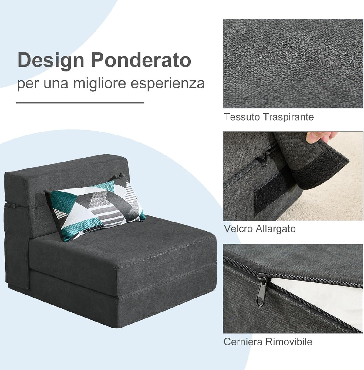 ANONER Traagschuim Uitklapbare Slaapbank met Kussen Twin Size Futon Slaapstoel voor Woonkamer Appartement (Single, Dark Grey)