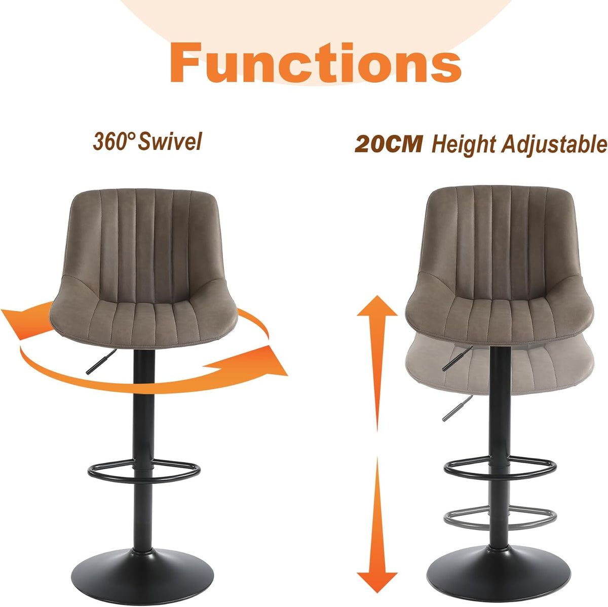 Youhauchair Barkrukken Set van 2, In Hoogte Verstelbare Barkruk met Rugleuning, PU Lederen Barstoelen Bar Stool, Moderne Barstoel Keuken Kruk, Bruin