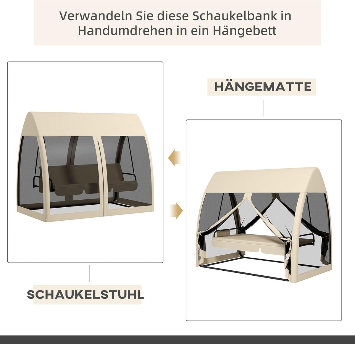 Outsuuny 2 in 1 Hollywoodschaukel mit Liegefunktion 3-Sitzer Gartenschaukel mit Baldachin, Mückennetz, Schaukelbank belast bis 300 kg, Gartenliege für Garten, Terrasse, 240 x 140 x 197 cm, Kaffee - QUORE