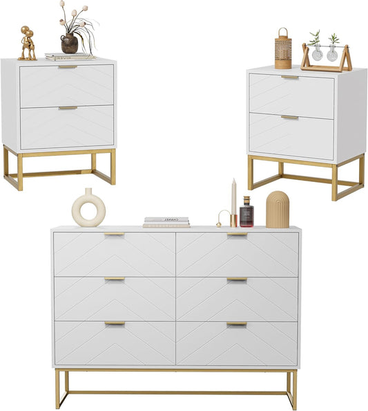 Slaapkamermeubelset – Meubelset – Ladekast – Nachtkastje – Opbergkast – Wit Design – 6 Lades – Metalen Pootjes