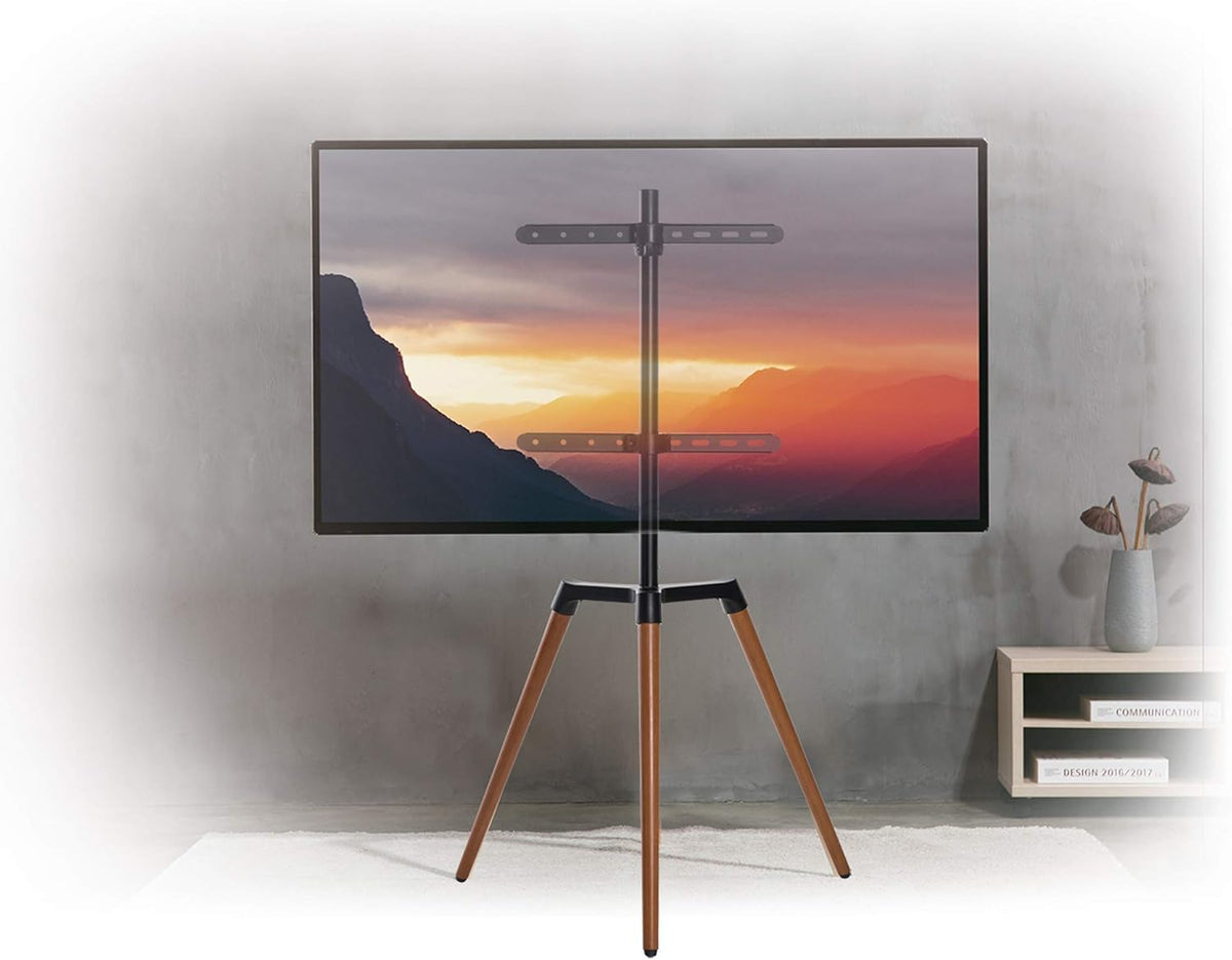 EasyLife – Design TV Trípode in Schildersezelstijl – TV Statief Voor Toestellen Tot 65 inch & 35Kg – 140° Draaibaar – in Hoogte Verstelbaar+Kabelmanagement – VESA tot 400×400 (Zwart/Donker Walnoot)