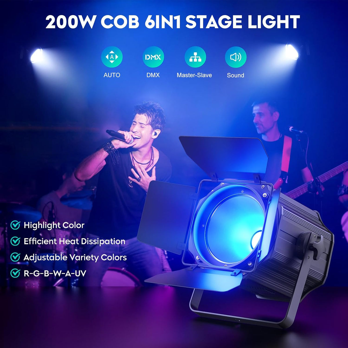 200 W COB LED Par schijnwerper 6-in-1 RGBWA+UV DJ podiumlicht met afschermkleppen, warm-koud wit par schijnwerper met DMX512/auto/sound discoverlichting voor party concert kerk bruiloft theater