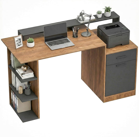 Bureau – Computertafel – Kantoortafel – PC Tafel – Werkplek Meubel – Tweekleurig Eiken Zwart – FSC Spaanplaat Met Opbergruimte En Monitorstandaard