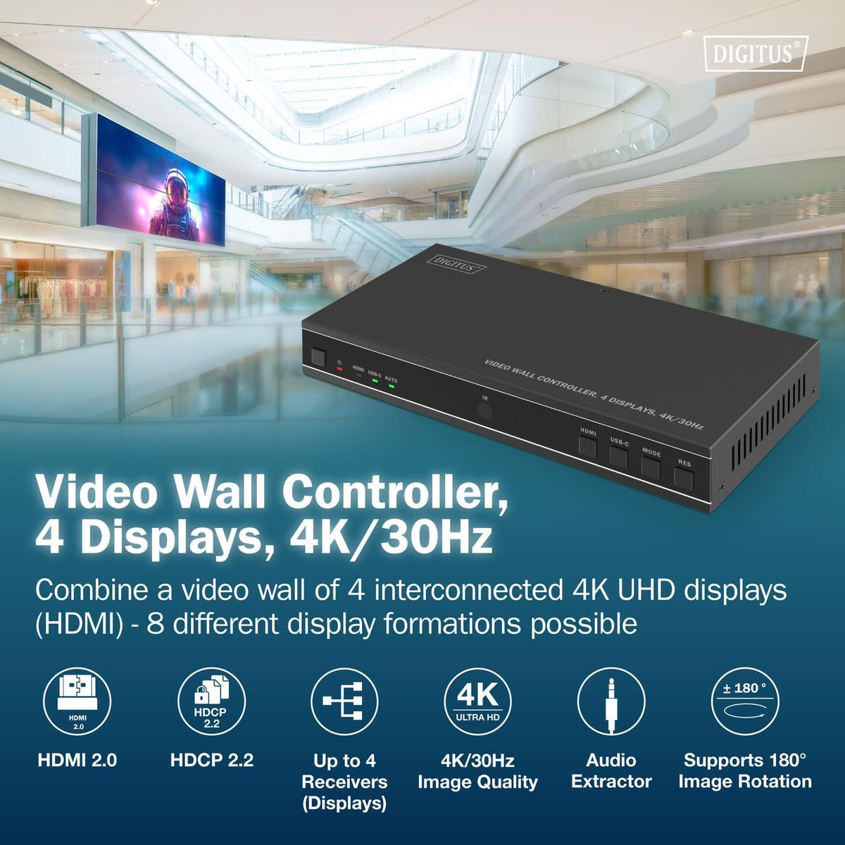 DIGITUS DS-55358 – HDMI-videowallcontroller – Ingangssignaal UHD 4k 60 Hz via HDMI 2.0 of USB-C – Uitgang 4k 30 Hz – Inclusief afstandsbediening – Weergavemodi 1x1, 2x1, 3x1, 4x1, 1x2, 1x3, 1x4, 2x2