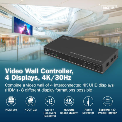 DIGITUS DS-55358 – HDMI-videowallcontroller – Ingangssignaal UHD 4k 60 Hz via HDMI 2.0 of USB-C – Uitgang 4k 30 Hz – Inclusief afstandsbediening – Weergavemodi 1x1, 2x1, 3x1, 4x1, 1x2, 1x3, 1x4, 2x2
