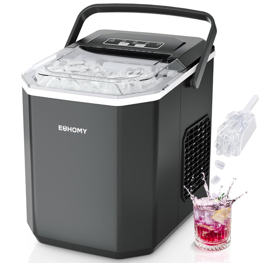 EUHOMY IJsblokjesmachine, 9 ijsblokjes in 6 minuten, 2 ijsblokjesmaten, roestvrijstalen ijsmachine voor het werkblad, 12 kg/dag ijsblokjesmaker, zwart, voor thuis, keuken, kantoor, camper