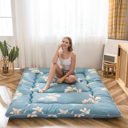 MAXYOYO Japanse vloermatras Futon-matras, dikker Tatami-mat slaapkussen opvouwbaar opklapmatras slaapzaal matraskussen vloer ligbed kussen bed (blauwe bloem, enkel)