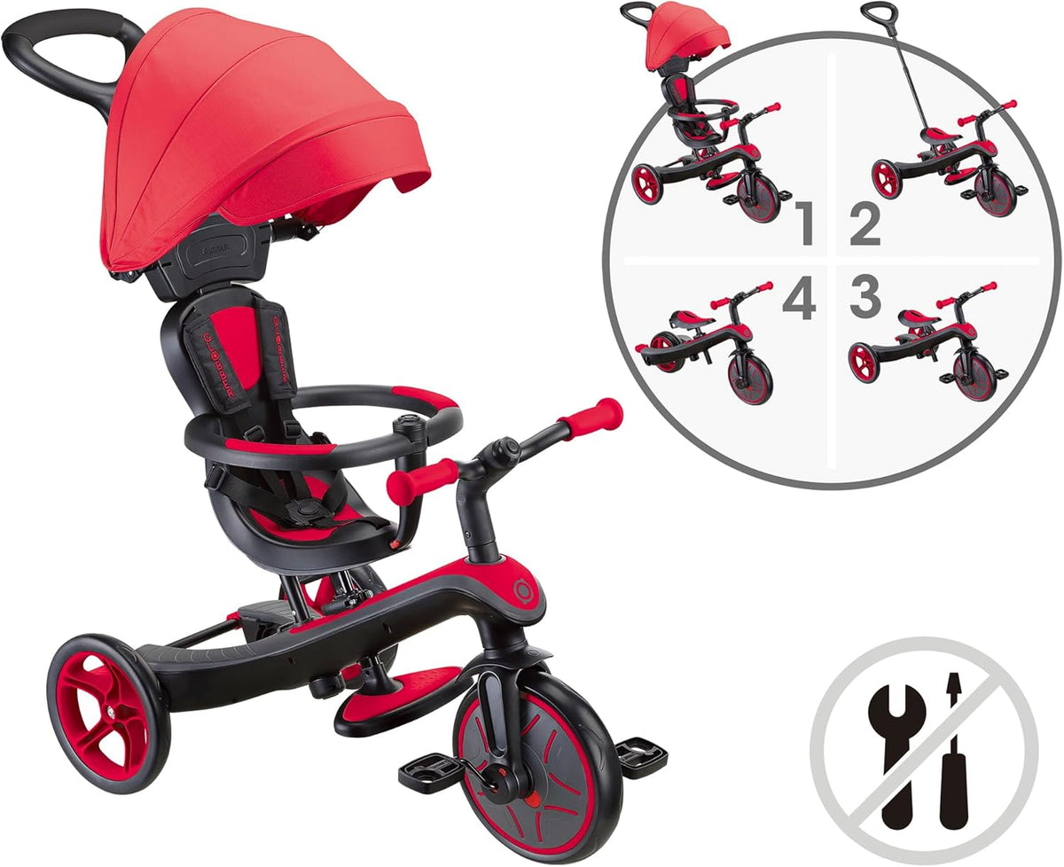 Globber - Explorer 4-in-1 driewieler - schaalbare driewieler en loopfiets voor peuters van 10 maanden tot 5 jaar, rood