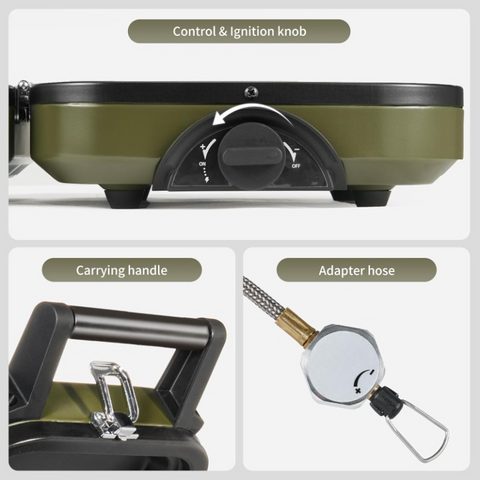 Kooktoestel - Gasstel - Campinggasfornuis - Campingmeubelen - 2-in-1 - met Grillplaat - Inklapbaar - Draagbaar - Piëzo-Intsteking - Compatibel met Isobutaan-Brandstofmengsel - Buitenactiviteiten - Kamperen - Noodsituatie - 8.4x2.4x10cm - Groen