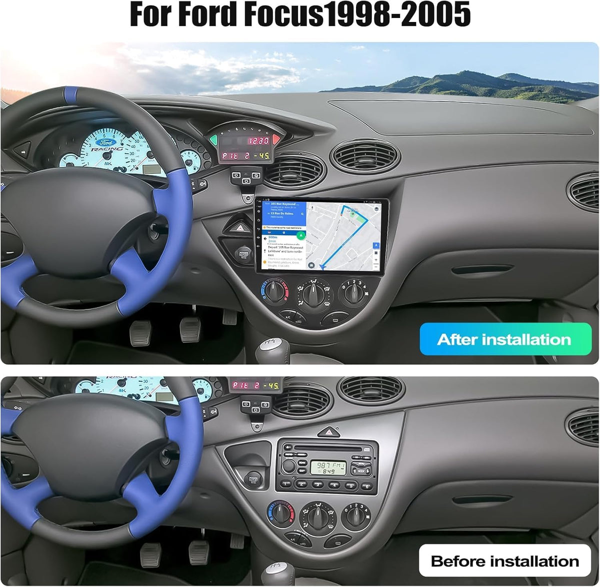 Autoradio, 6 GB + 128 GB, Android 14, voor Ford Focus MK1 C170 Fiesta 1995-2005, geïntegreerde CarPlay/Android Auto/DSP/GPS), 9 inch IPS-scherm, DAB/Mirror Link/Bluetooth 5.0/360 camera