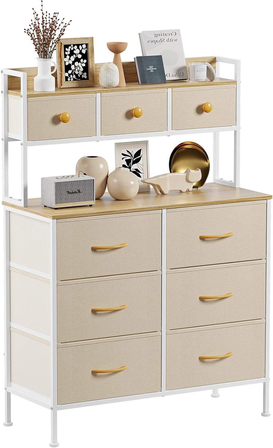Ladekast – Opbergkast – Ladekast Met Handvatten – Ladekast Met Houten Bovenblad – Slaapkamerkast Beige – 9 Lades – Verstelbare Pootjes