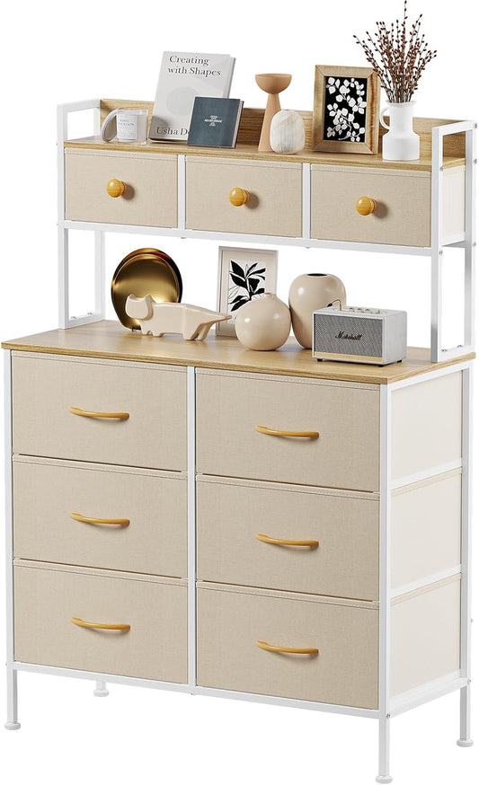 Commode, Opbergkast, Commode met Laden, Ladekast met Handvatten, Commode Kast met Houten Blad en 9 Lades, Kleerkast voor Slaapkamer, Beige