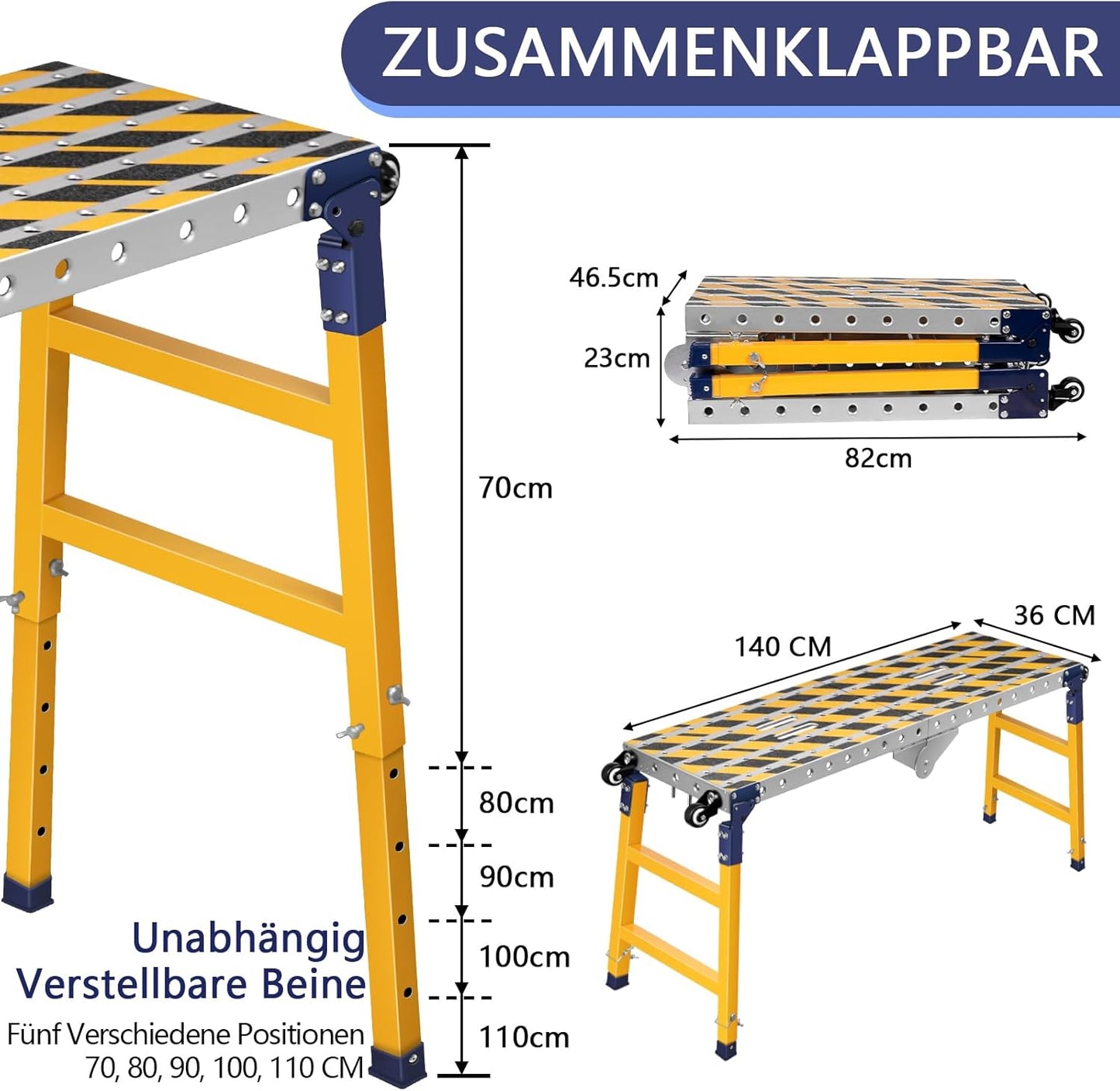 Stabiel 2-in-1 werkplatform + beweegbare lastafel met antislip plakstrips, 140 x 36 cm, verzinkte steiger met verstelbare hoogte, belastbaar tot 500 kg