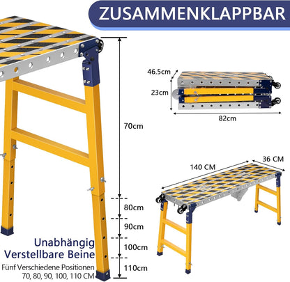 Stabiel 2-in-1 werkplatform + beweegbare lastafel met antislip plakstrips, 140 x 36 cm, verzinkte steiger met verstelbare hoogte, belastbaar tot 500 kg