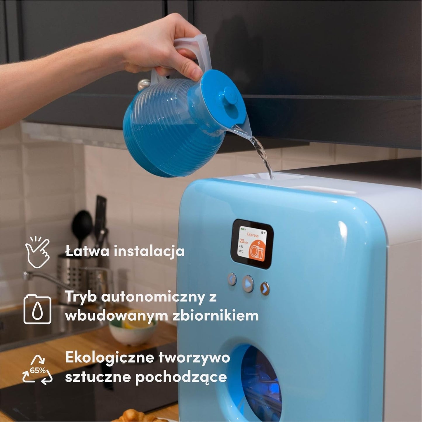 Bob - Compact Dishwasher - Daily Dishware for 3 People - Built-in Dishwasher - Freestanding, Integrated Tank, Portable - White (Maya Blue)