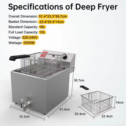 Valgus Professionele elektrische friteuse van roestvrij staal, 3300 W, 16 liter, grote keuken, friteuse met mand en deksel, afvoersysteem