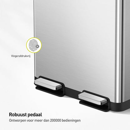 EKO Deluxe Prullenbak 2 Vakken, 40 + 28 liter, Recyclebare Vuilnisemmer, 12 vuilniszakken, Afvalscheiding met uitneembare binnenemmer, duurzame pedalen, soft closing, Vingerafdrukbestendig