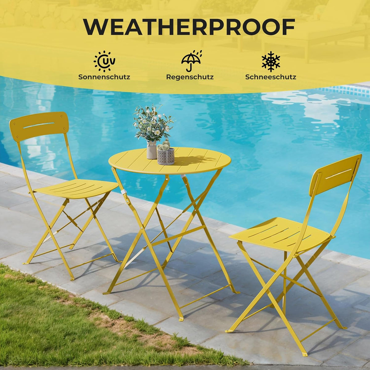 Grand patio Bistrotafel met 2 stoelen, balkonmeubelset, 3-delig, terrasmeubels, weerbestendig, bistroset, balkon, tuin, meubelset voor klein balkon (geel)