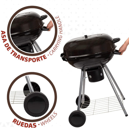 Aktive 52803 Draagbare houtskoolgrill, ronde grill met deksel, diameter 57 x 86 cm, met geïntegreerd ventilatiesysteem en asbak, temperatuurregeling, 2 wielen voor eenvoudig transport