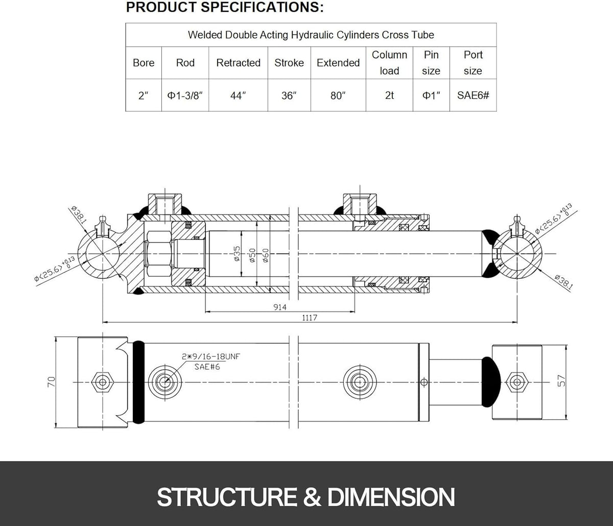 VEVOR Hydraulische cilinder, 2 inch boring, 36 inch hub, hydraulische ramcilinder, 3000 psi, hydraulische cilinder, gelast, dubbel werkende dwarsbuis, SAE6-aansluiting, hydraulische cilinders (2