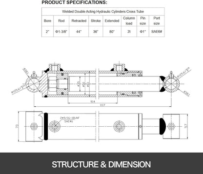 VEVOR Hydraulische cilinder, 2 inch boring, 36 inch hub, hydraulische ramcilinder, 3000 psi, hydraulische cilinder, gelast, dubbel werkende dwarsbuis, SAE6-aansluiting, hydraulische cilinders (2