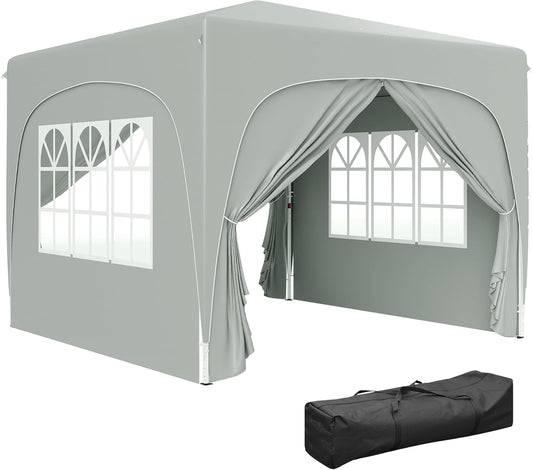Outsunny Pavillon 3x3m, wasserabweisend Stabil Winterfest Pop-up Faltpavillon, UV Schutz 50+, Faltbar Partyzelt Gartenzelt mit 4 Seitenteilen Tasche Gartenpavillon für Camping Garten, Hellgrau - QUORE
