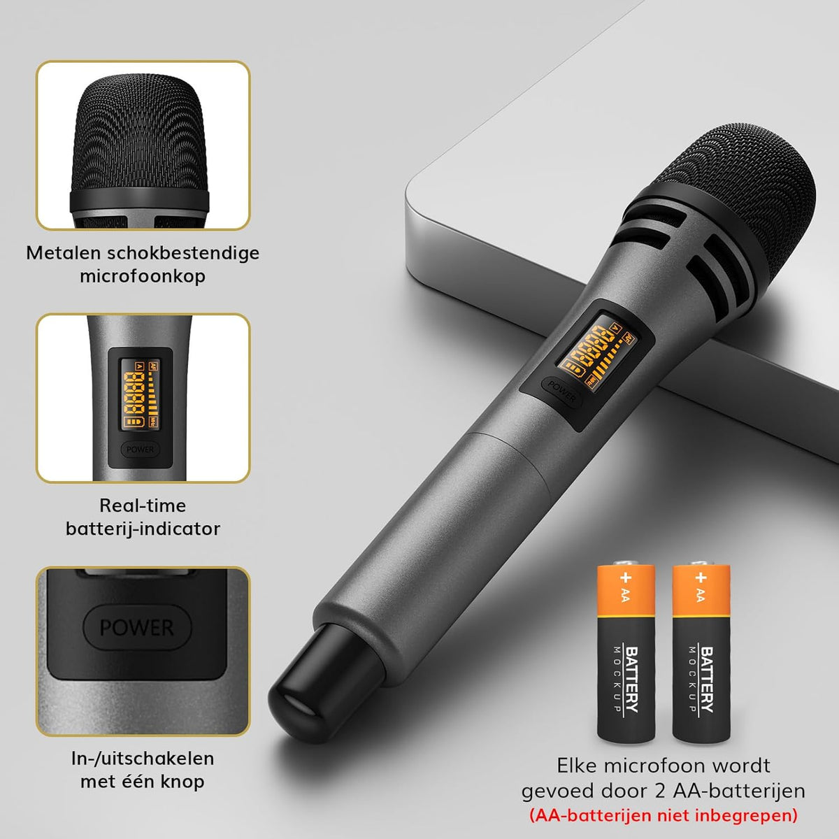 Draadloze Microfoonset – Handmicrofoon, Karaokemicrofoon, Zangmicrofoon, Dynamische Microfoon – 4x5 Kanalen – 60 Meter UHF Bereik