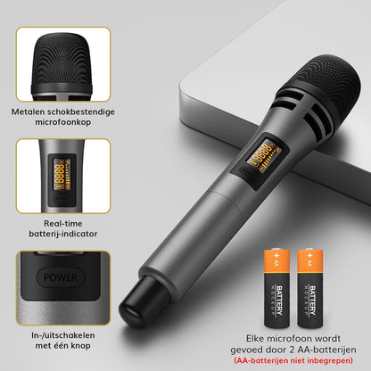 Draadloze Microfoonset – Handmicrofoon, Karaokemicrofoon, Zangmicrofoon, Dynamische Microfoon – 4x5 Kanalen – 60 Meter UHF Bereik