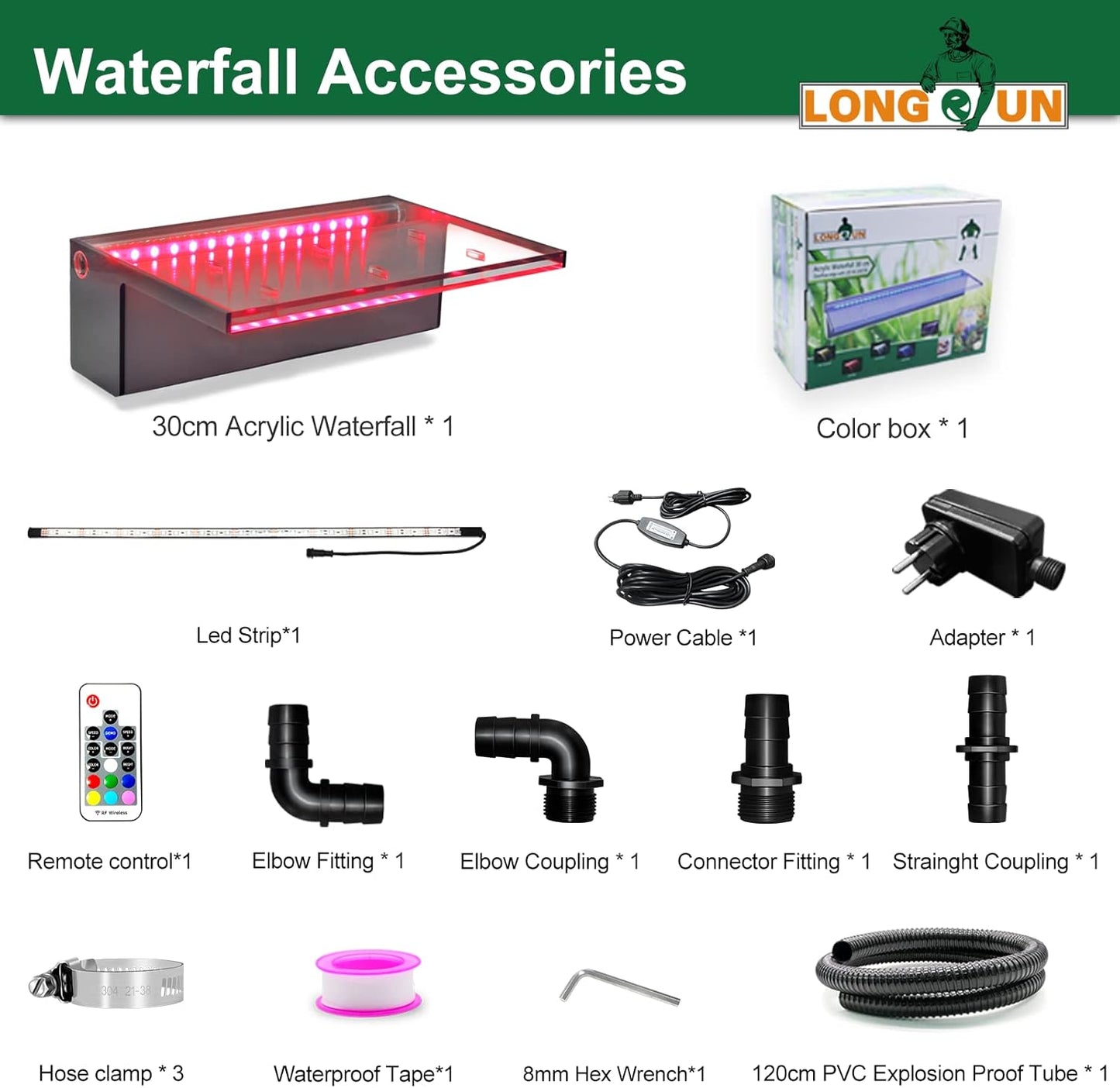 LONGRUN Zwembad Waterval Fontein, 30cm Vijver Watervallen Cascade, Acryl waterval Blad met 7 kleuren LED-licht, Compleet Waterval en Stroom Kits voor Buiten Tuin Vijver Zwembad Waterpartijen