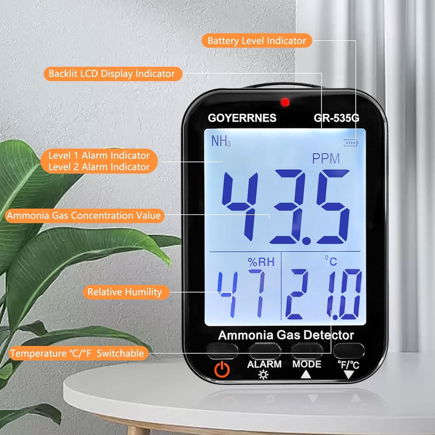 Ammoniak gasdetector 535G NH3 gasdetector continue bewaking sensor meetbereik 0-100 ppm alarm LCD-display achtergrondverlichting functie temperatuur luchtvochtigheid oplaadbaar