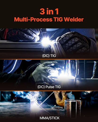 VEVOR TIG welding machine with 205 A and large LED display, TIG CC/TIG Impulse CC/MMA (stick), electric welding machine with double voltage 110 and 220 V with high frequency start of the IGBT inverter