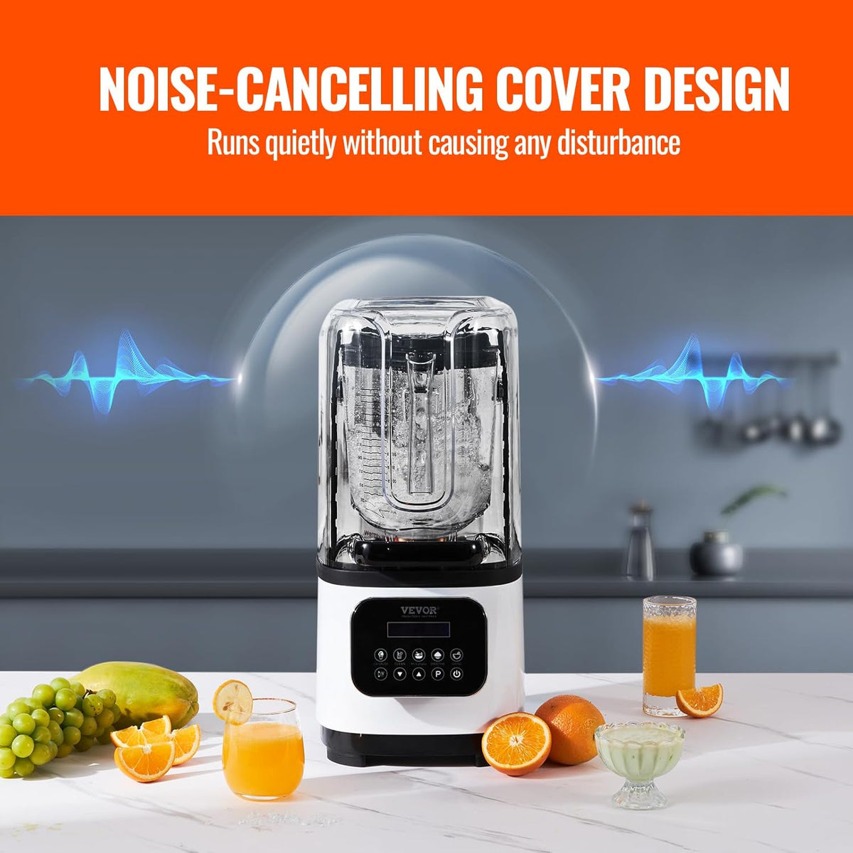 VEVOR Blender voor koude dranken, tafelmixer in glazen blik met bord inhoud ca. 2 l, mixer nominaal vermogen 1400 W roestvrij staal 5 functies voor bevroren dranken, smoothie, wit