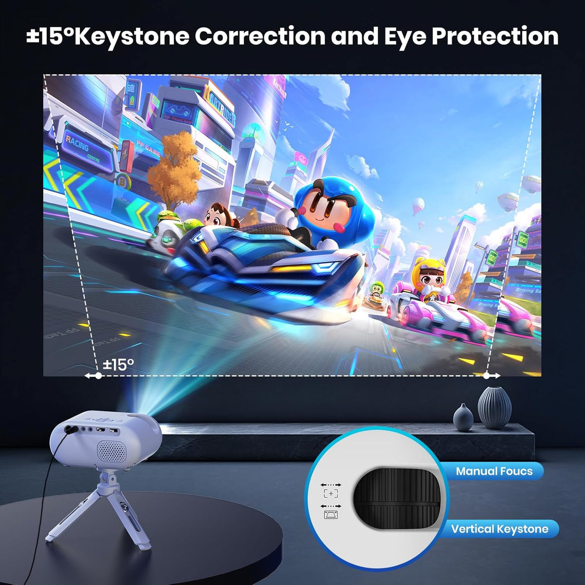 Mini Projector met Statief 1080p Ondersteuning WiFi Bluetooth Draagbare Projector, Compatibel met Smartphone, HDMI, USB, TV Stick, Thuis Buiten Slaapkamer Projector,wit
